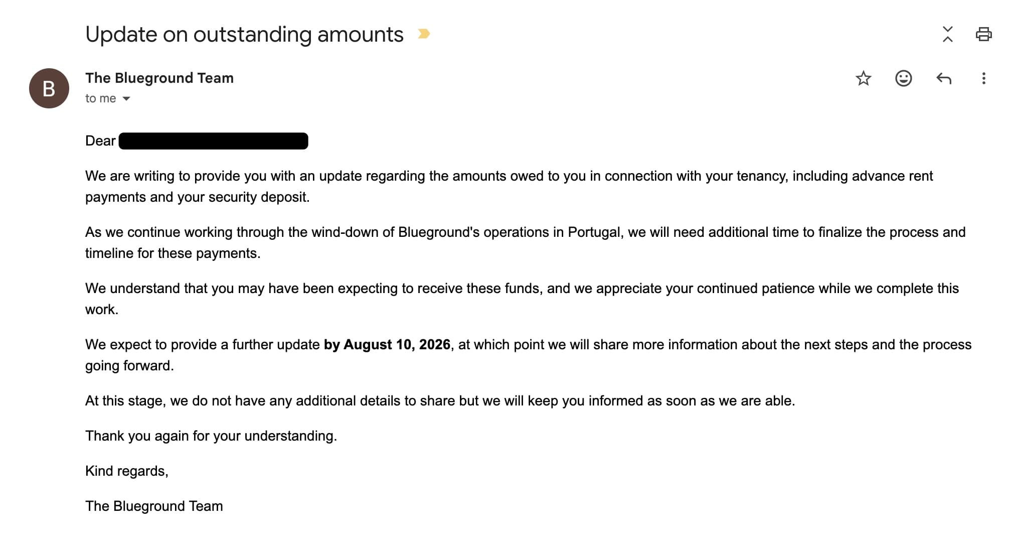 Email from The Blueground Team, subject 'Update on outstanding amounts', acknowledging amounts owed to the tenant including advance rent payments and security deposit, and stating Blueground expects to provide a further update by August 10, 2026, with no additional details.