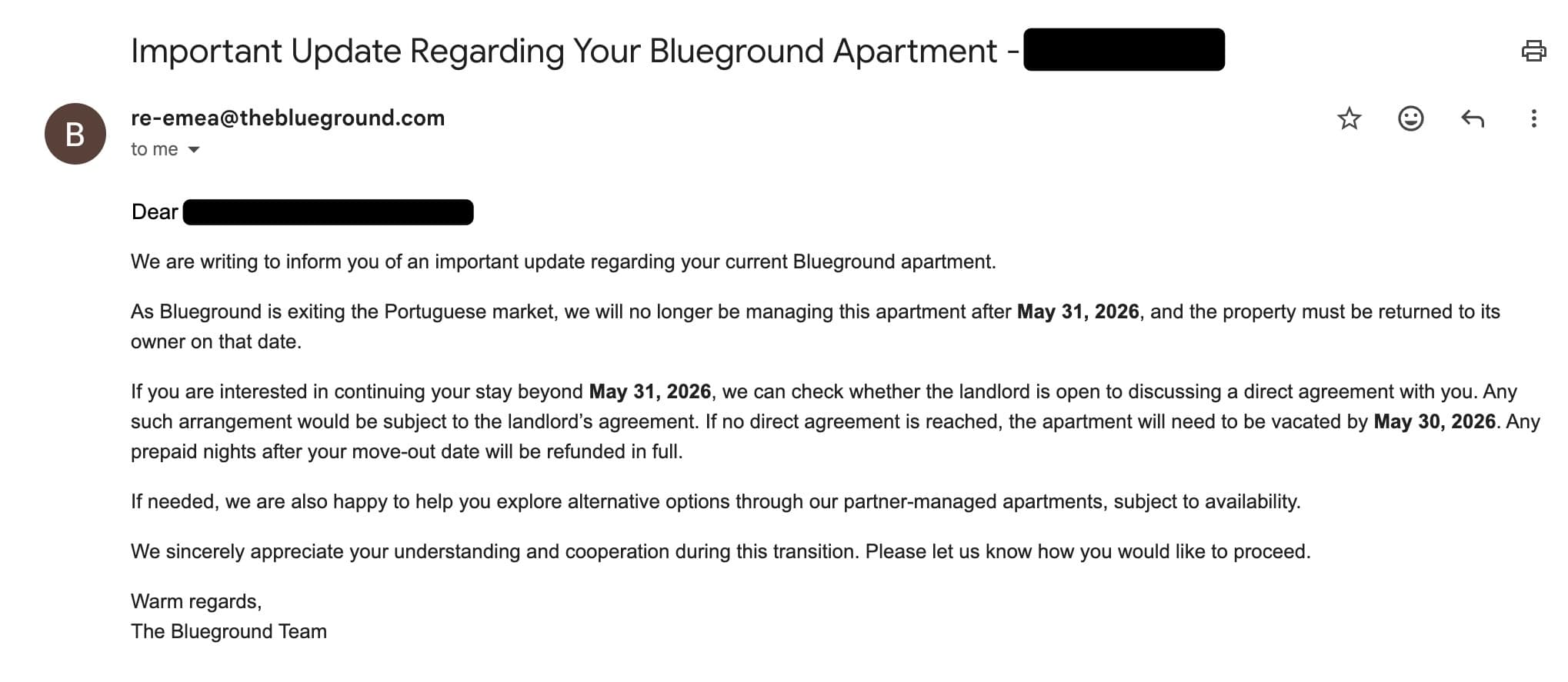 Email from Blueground (re-emea@theblueground.com), subject 'Important Update Regarding Your Blueground Apartment', stating that as Blueground is exiting the Portuguese market it will no longer manage the apartment after May 31, 2026, and that if no direct agreement with the landlord is reached the apartment must be vacated by May 30, 2026.